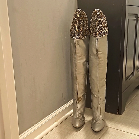 Vintage Over-The-Knee Genuine Leather Boots, Sz 8M Silver w/Top Black/Gold/Silve